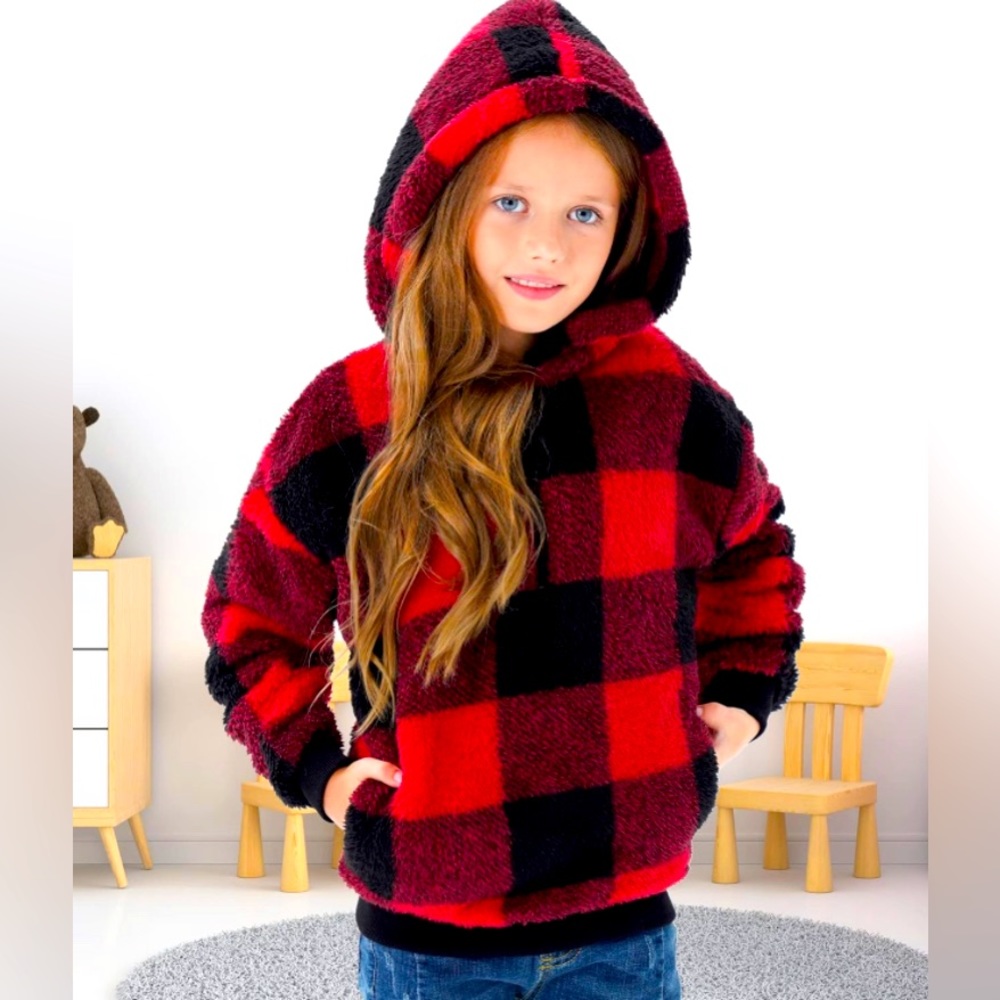 Girls Red & Black Sherpa Fleece Hooded Pullover Sweatshirt, Sz 14-15